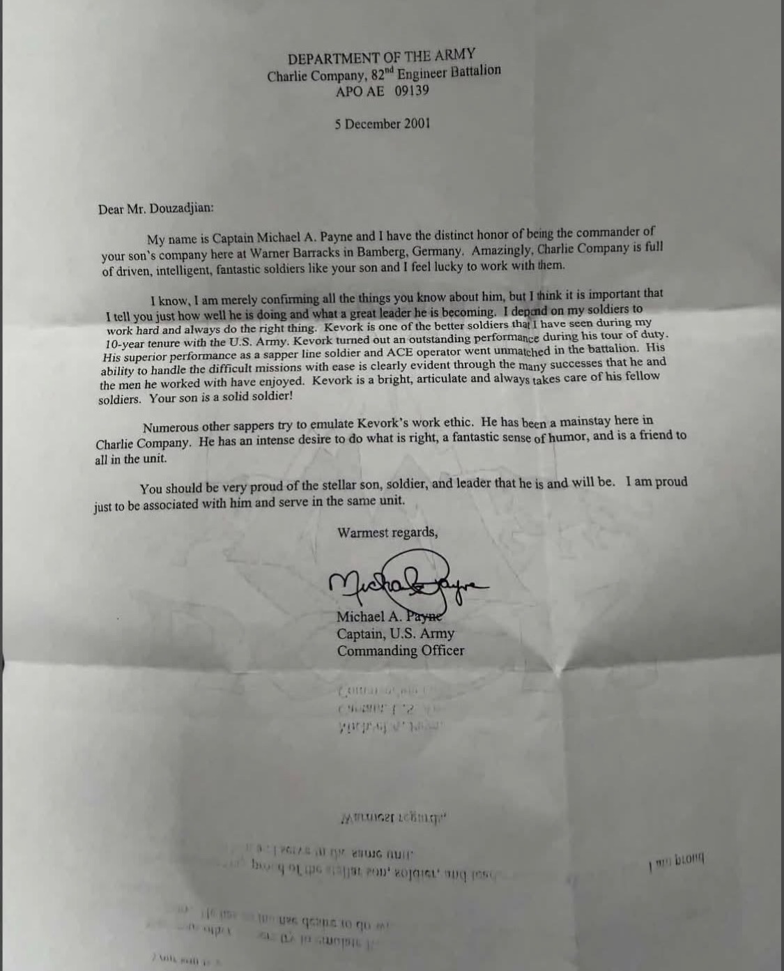 Typed letter from Captain Michael A. Payne to Mr. Douzadjian, dated 5 December 2001, on Department of the Army letterhead for Charlie Company, 82nd Engineer Battalion